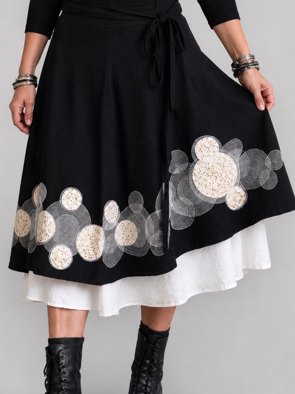 Zabede Art to Wear Wrap Skirt Black Cotton Lagenlook Boho Appliqué Midi